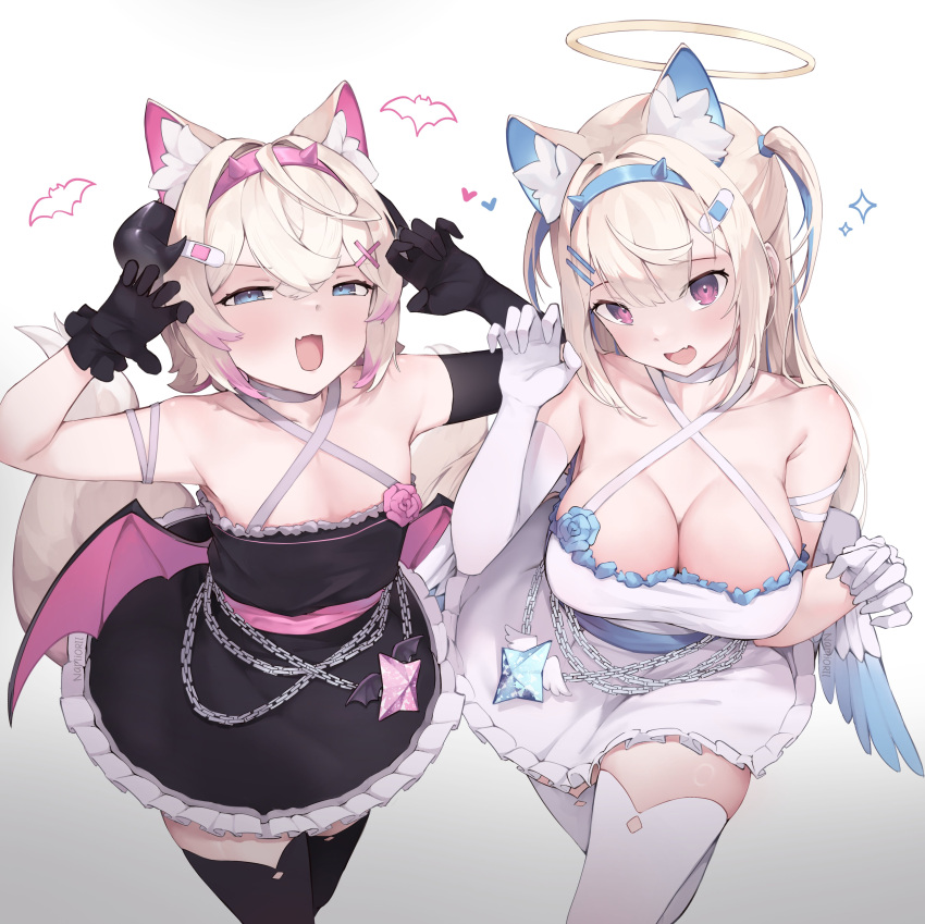 2girls absurdres alternate_costume angel_wings animal_ear_fluff animal_ears bandaid_hair_ornament bare_shoulders black_gloves blonde_hair blue_eyes blue_hair breasts cleavage colored_inner_animal_ears demon_horns dog_ears dog_girl dog_tail dress elbow_gloves english_commentary fang flat_chest frilled_skirt frills fuwawa_abyssgard gloves hair_ornament hairband hairclip halo headband heart highres hololive hololive_english horns large_breasts long_hair looking_at_viewer mococo_abyssgard multicolored_hair multiple_girls namiorii open_mouth pink_eyes pink_hair pink_hairband pink_headband short_hair siblings sidelocks simple_background single_elbow_glove sisters skin_fang skirt streaked_hair tail thighhighs twins two_side_up virtual_youtuber white_background white_dress white_thighhighs wings x_hair_ornament