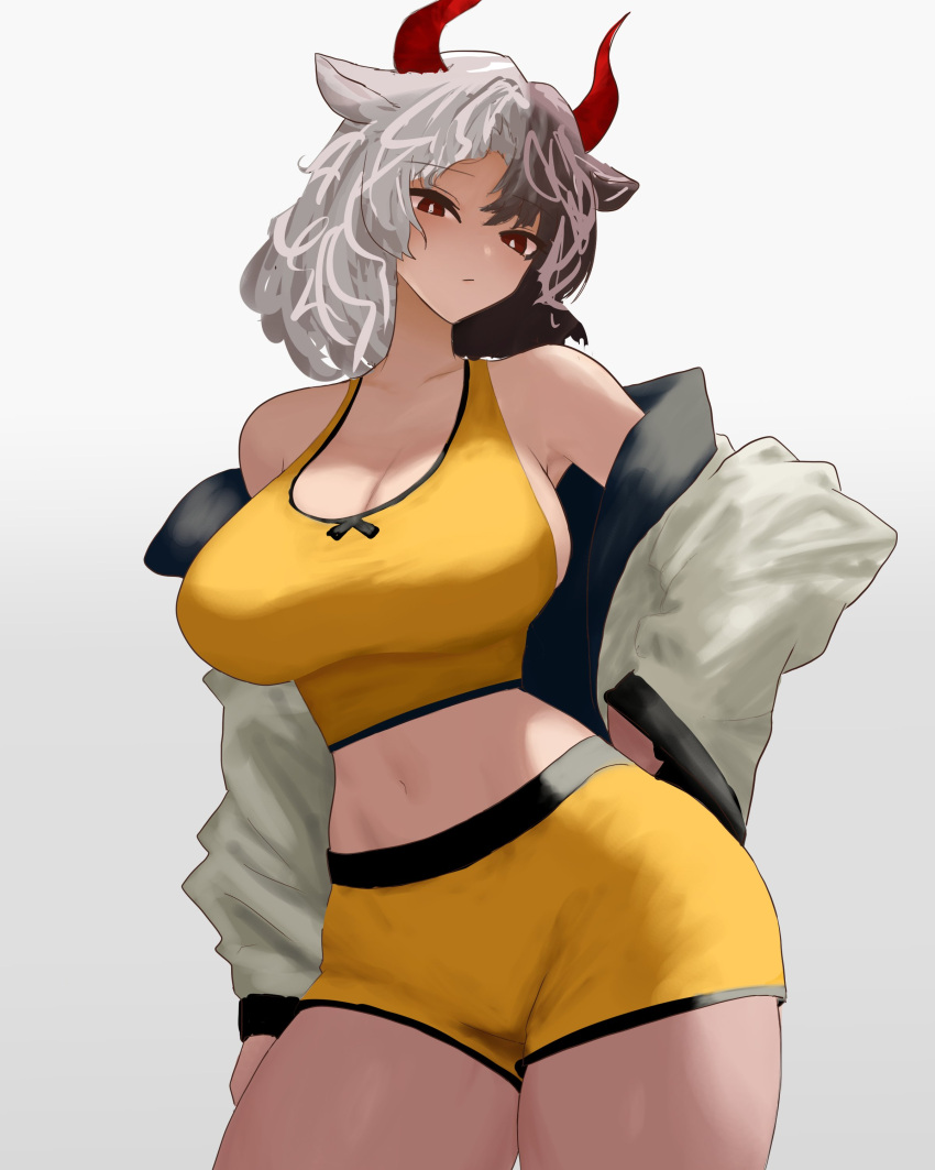 1girl absurdres animal_ears animal_print black_hair cow_ears cow_girl cow_horns cow_print cow_tail crop_top frilled_shorts frills grey_hair highres horns long_earlobes midriff moriforest1040 multicolored_hair red_horns red_tail sandals shorts solo split-color_hair sports_bra tail tank_top touhou two-tone_hair ushizaki_urumi yellow_shorts yellow_sports_bra yellow_tank_top