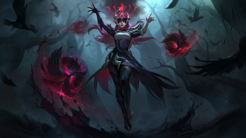 1girl absurdres animal ball bare_tree bird black_dress black_gloves black_pantyhose blue_dress coven_syndra crow dress feathers floating forest from_below gem gloves glowing glowing_eyes highres league_of_legends long_hair looking_at_viewer magic nature official_art outdoors pantyhose pink_eyes red_hair solo syndra tree water white_dress white_gloves