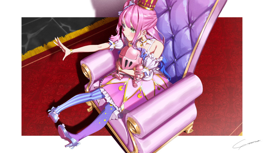 1girl absurdres asymmetrical_hair asymmetrical_legwear bracelet couch crown detached_collar detached_sleeves dress frilled_dress frills green_eyes heterochromia high_heels highres himemori_luna himemori_luna_(1st_costume) hololive jewelry luknight_(himemori_luna) pink_dress pink_hair purple_eyes purple_footwear purple_thighhighs red_carpet side_ponytail sidelocks sitting star_(symbol) star_print striped striped_thighhighs thighhighs virtual_youtuber yo_na