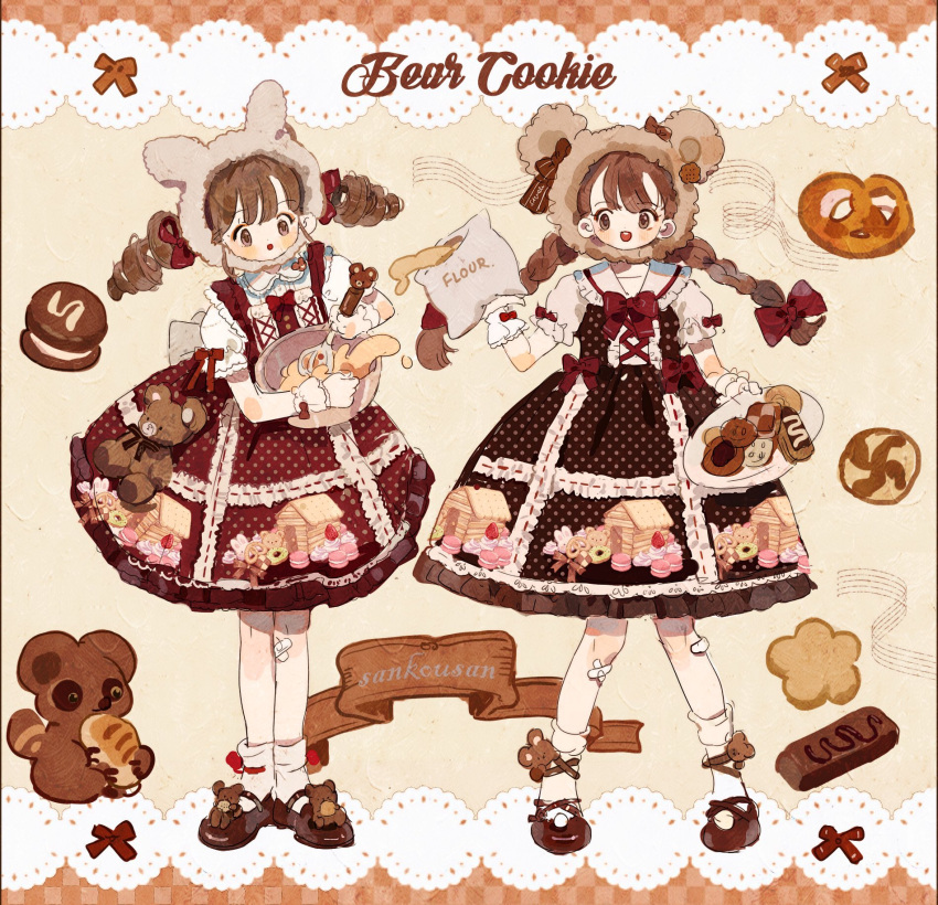 2girls :o animal_ear_hood animal_ears ankle_socks bandaid bandaid_on_knee bandaid_on_leg banner bear_charm bear_ears blunt_bangs blush_stickers bow bow_legwear bowl bowtie braid bread brown_background brown_bow brown_bowtie brown_dress brown_eyes brown_footwear brown_hair brown_hood brown_ribbon center_frills checkered_background collared_shirt commentary commission cookie cookie_print cross-laced_clothes cross-laced_footwear cross-laced_top detached_hood dress drill_hair english_commentary english_text eyelashes eyeshadow flour food frilled_dress frilled_gloves frilled_sailor_collar frilled_sleeves frilled_wrist_cuffs frills full_body fur_hood gloves hair_bow hat hat_bow highres holding holding_bowl holding_food holding_plate holding_sack holding_whisk ice_cream ice_cream_sandwich lace lace-trimmed_dress lace_trim leg_ribbon lolita_fashion long_hair looking_at_another looking_at_object low_twin_braids makeup mary_janes medium_dress multiple_girls open_mouth original plate polka_dot polka_dot_dress pom_pom_(clothes) pretzel puffy_short_sleeves puffy_sleeves putong_xiao_gou rabbit_ears raccoon red_bow red_bowtie red_dress red_eyeshadow ribbon ribbon-trimmed_dress sack sailor_collar shirt shoes short_sleeves single_stripe sleeve_bow sleeveless sleeveless_dress smile socks spill stirring straight-on striped striped_bow striped_bowtie stuffed_animal stuffed_toy teddy_bear teeth twin_braids twin_drills two-tone_background upper_teeth_only whisk white_gloves white_sailor_collar white_shirt white_socks white_wrist_cuffs wrist_bow yellow_background