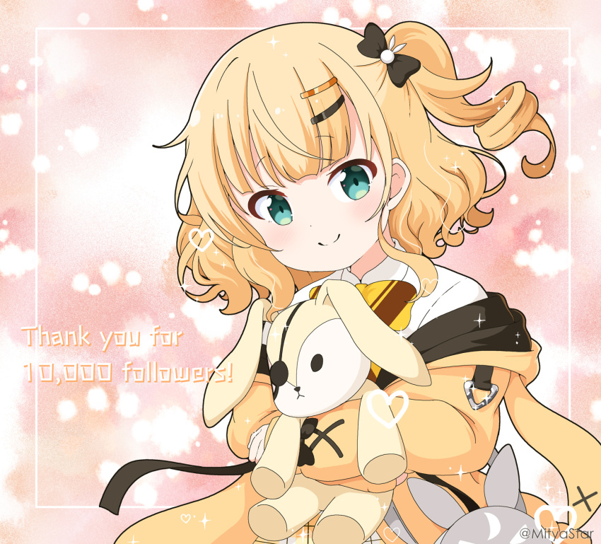 1girl bag black_bow blonde_hair bow closed_mouth collared_shirt commentary_request diagonal-striped_bow eyepatch gochuumon_wa_usagi_desu_ka? green_eyes hair_bow hair_ornament hairclip heart highres hood hood_down hooded_jacket jacket kirima_syaro long_hair long_sleeves looking_at_viewer milestone_celebration mitya object_hug off_shoulder one_side_up open_clothes open_jacket puffy_long_sleeves puffy_sleeves rabbit_hair_ornament ringlets shirt shoulder_bag sleeves_past_wrists smile solo stuffed_animal stuffed_rabbit stuffed_toy thank_you twitter_username white_shirt wild_geese yellow_bow yellow_jacket