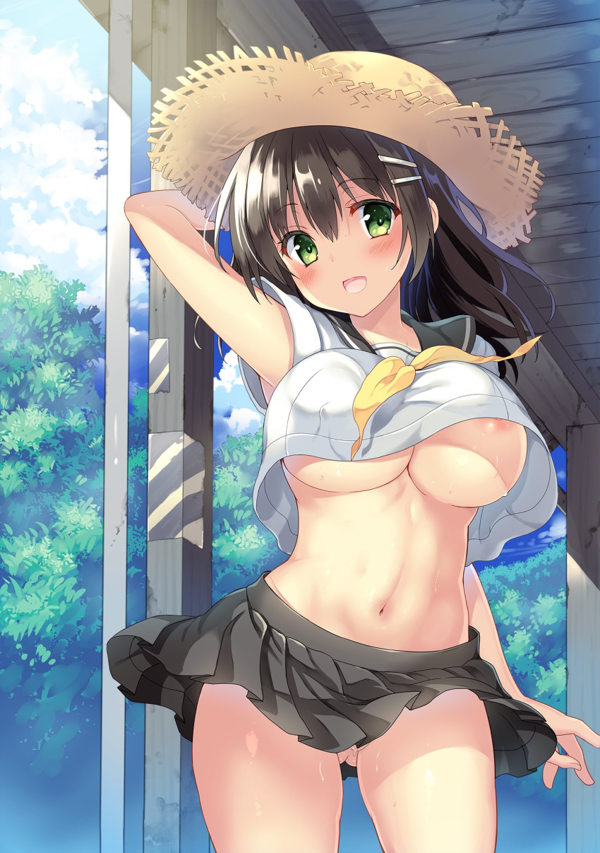1girl :d areola_slip arm_up armpit_peek ass_visible_through_thighs black_hair black_skirt blush breasts commentary_request cowboy_shot crop_top crop_top_overhang day green_eyes hair_ornament hairclip hat highres large_breasts looking_at_viewer midriff miniskirt navel neckerchief nipples no_panties open_mouth original outdoors pleated_skirt sanshoku_amido school_uniform serafuku skirt smile solo standing straw_hat sun_hat sweat underboob yellow_neckerchief