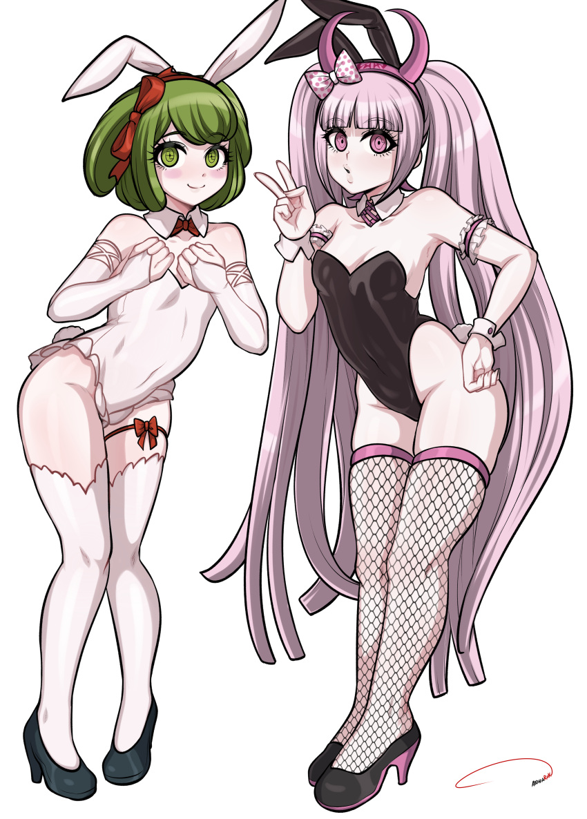 2girls absurdres aldharoku alternate_costume animal_ears bare_shoulders black_footwear black_leotard blunt_bangs blush bow bowtie breasts collarbone covered_navel danganronpa_(series) danganronpa_another_episode:_ultra_despair_girls detached_collar fake_animal_ears fishnet_thighhighs fishnets full_body green_eyes green_hair groin hairband high_heels highres leaning_forward leotard long_hair multiple_girls pink_eyes pink_hair playboy_bunny rabbit_ears rabbit_tail red_bow red_bowtie red_hairband shoes short_hair simple_background small_breasts smile tail thigh_strap thighhighs towa_monaca utsugi_kotoko v white_background white_leotard wrist_cuffs