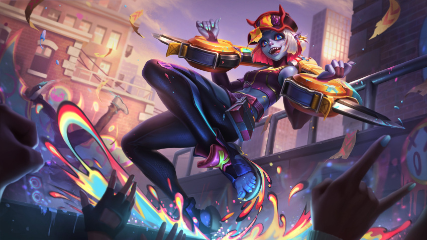 1girl absurdres black_headwear blue_eyes briar_(league_of_legends) building city cityscape colored_sclera colored_skin crop_top dancing earrings english_commentary fence fingernails graffiti green_nails grey_hair highres house jewelry league_of_legends muju multicolored_hair nail_polish official_alternate_costume official_alternate_hairstyle official_art open_mouth people pointy_ears purple_sclera red_hair sharp_teeth short_hair solo_focus streaked_hair street_demon_briar teeth toeless_footwear toenails toes tongue tongue_out two-tone_hair vampire wrist_cuffs