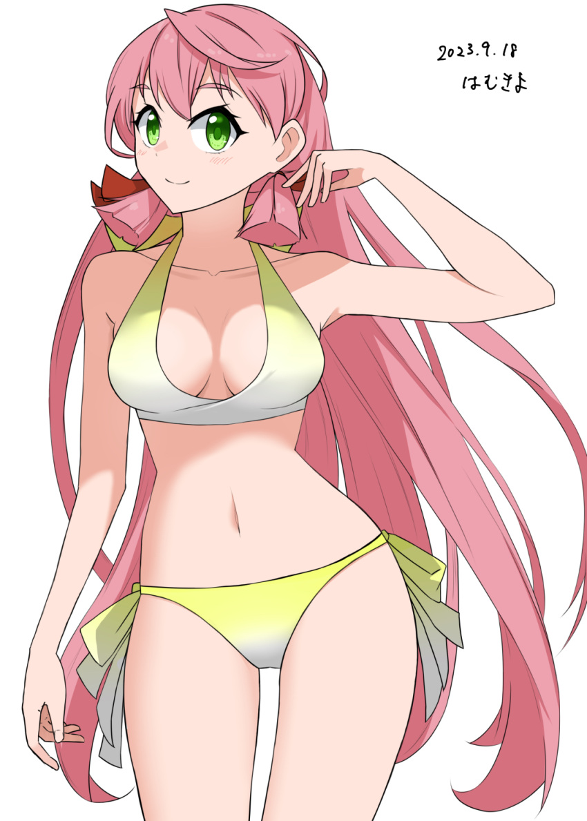 1girl akashi_(kancolle) artist_name bikini blunt_tresses breasts dated gradient_bikini green_eyes hair_ribbon hamukiyo highres kantai_collection long_hair looking_at_viewer medium_breasts official_alternate_costume pink_hair ribbon side-tie_bikini_bottom simple_background smile solo standing swimsuit tress_ribbon white_background