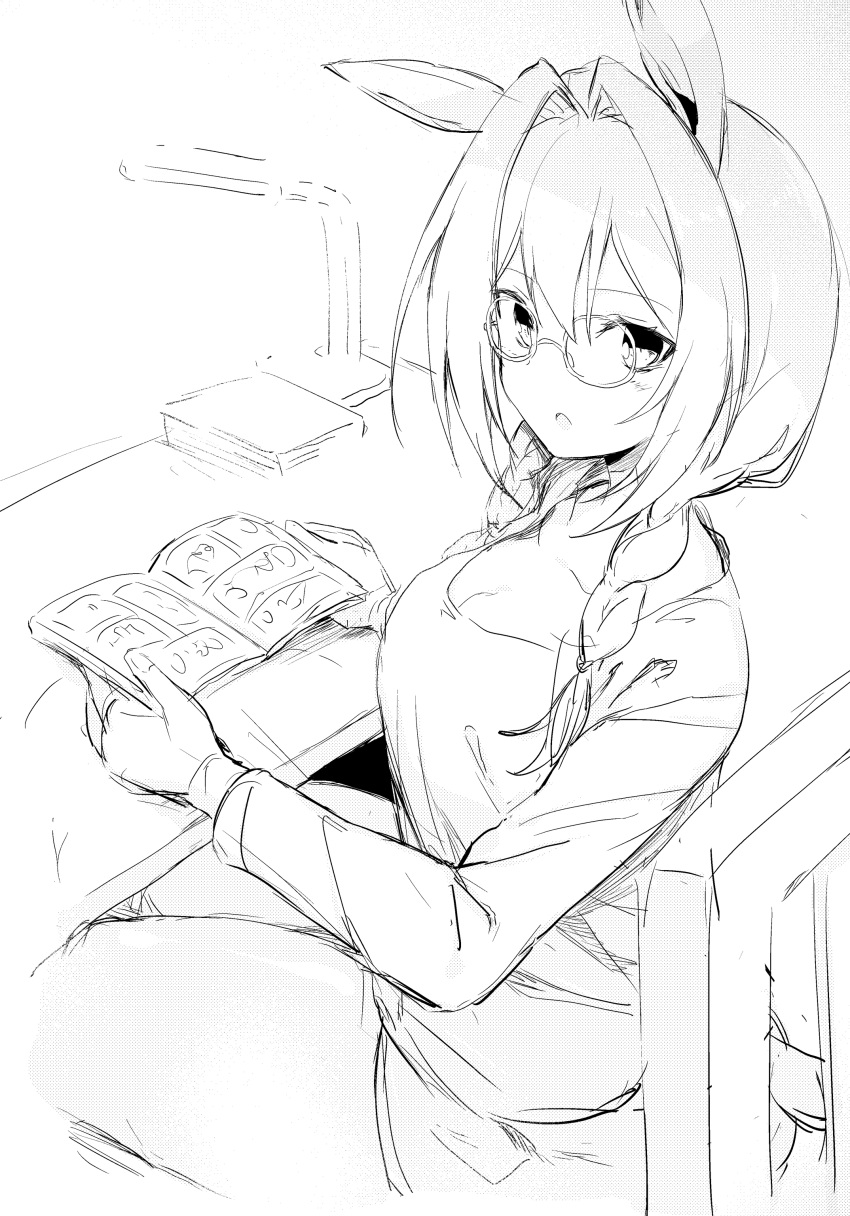 1girl absurdres animal_ears breasts chair cleavage collarbone commentary_request daiwa_scarlet_(umamusume) desk from_side glasses greyscale hair_between_eyes hair_intakes highres horse_ears horse_girl horse_tail large_breasts long_sleeves looking_at_viewer looking_to_the_side magazine_(object) monochrome mukouhara_shiryuu on_chair parted_lips shirt short_shorts shorts sitting sketch solo tail umamusume
