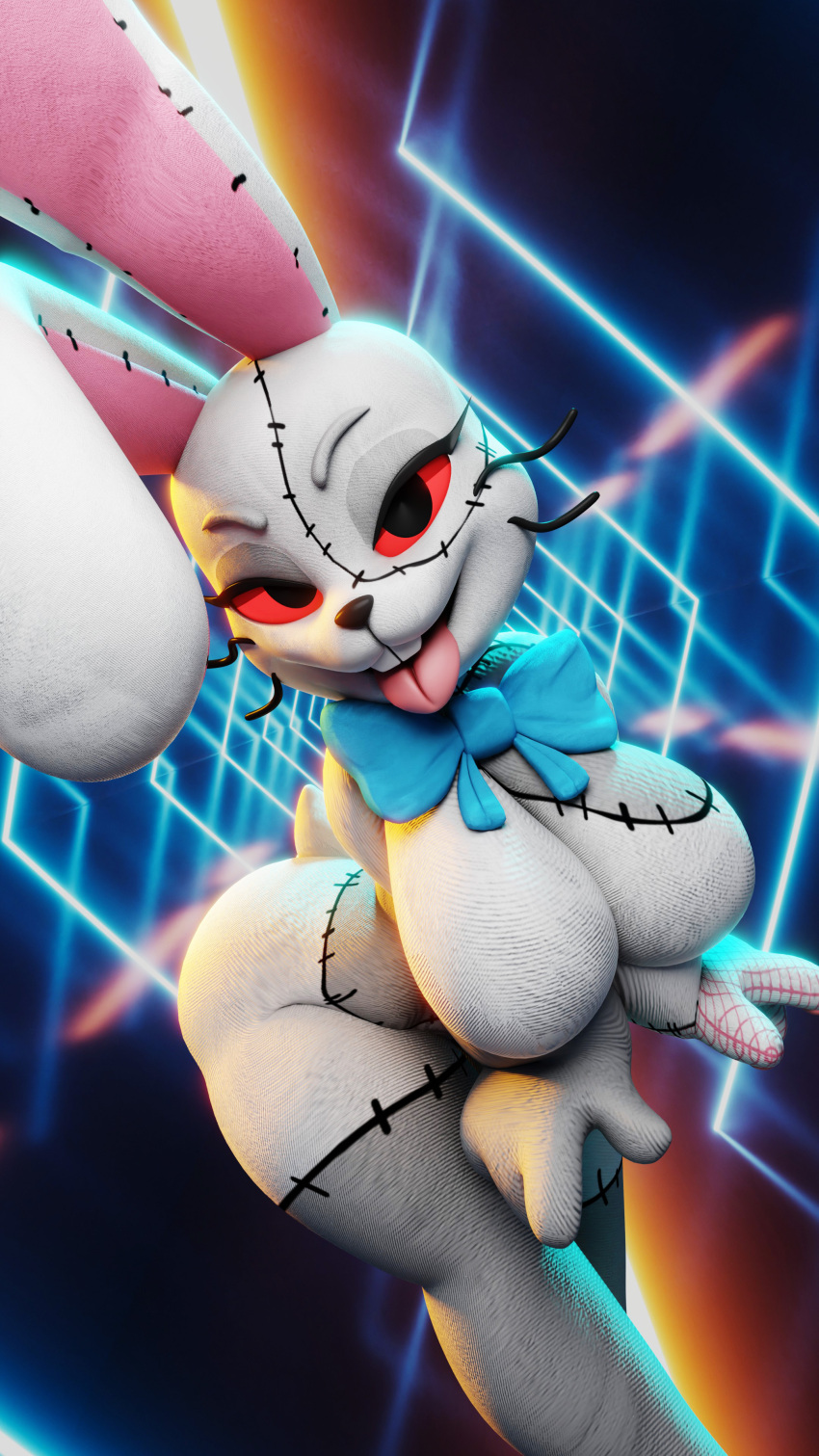 2023 2:3 3d_(artwork) abstract_background absurd_res bedroom_eyes big_breasts blender_cycles bow_ribbon breasts buckteeth clothing costume digital_media_(artwork) eyelashes female fever-dreamer five_nights_at_freddy's five_nights_at_freddy's:_security_breach floppy_ears hi_res lagomorph leporid looking_at_viewer mammal mascot_costume narrowed_eyes patchwork_creature rabbit red_eyes scottgames seductive smile solo steel_wool_studios stitch_(sewing) teeth tongue tongue_out vanny_(fnaf) whiskers