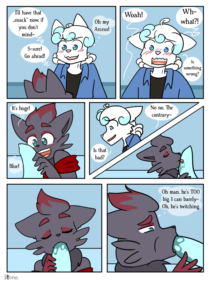 alolan_form alolan_vulpix anthro black_body black_fur black_nose blue_eyes blue_penis blush bodily_fluids clothed clothing comic dialogue duo english_text fellatio female fiona_(artist) fubuki_(rushthewolf) fur generation_5_pokemon genitals hair hi_res licking lita_(rushthewolf) male male/female nintendo oral penile penis penis_lick pink_nose pokemon pokemon_(species) regional_form_(pokemon) saliva saliva_on_penis sex text tongue tongue_out white_body white_fur zorua