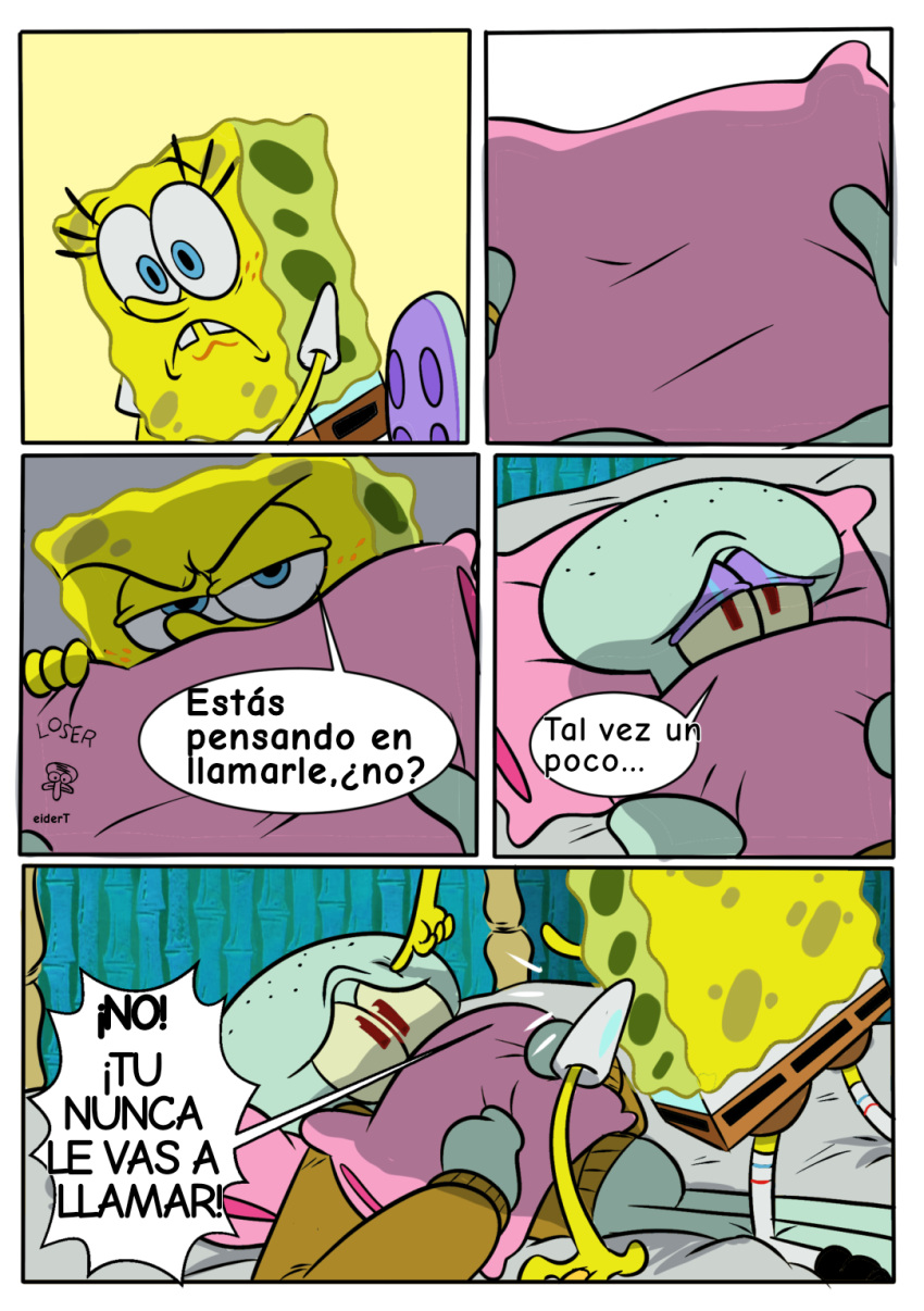 anthro bed cephalopod coleoid comic dialogue duo furniture hi_res male marine mollusk nickelodeon octopodiform octopus on_model pancaketiffy sea_sponge spanish_text speech_bubble spongebob_squarepants spongebob_squarepants_(character) squidward_tentacles text toony