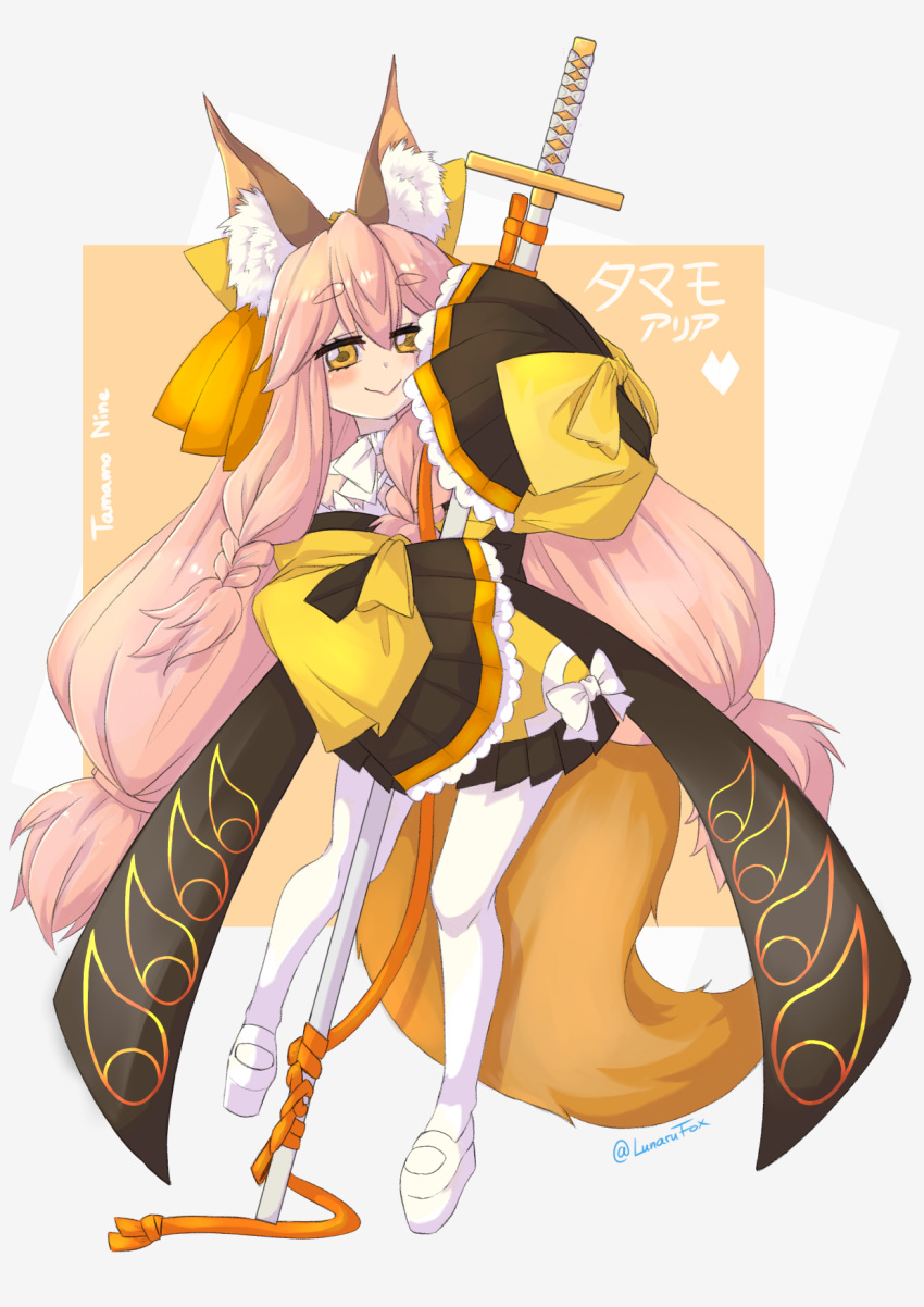 1girl animal_ear_fluff animal_ears blush bow fate/grand_order fate/samurai_remnant fate_(series) fox_ears fox_girl fox_tail highres japanese_clothes kaito_asakura kimono long_hair looking_at_viewer pantyhose pink_hair short_eyebrows short_kimono simple_background sleeves_past_fingers sleeves_past_wrists smile solo tail tamamo_(fate) tamamo_aria translated very_long_sleeves wall-eyed white_background white_bow white_pantyhose wide_sleeves yellow_eyes yellow_kimono