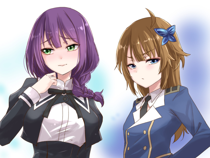 2girls :/ ahoge alternate_hairstyle arm_at_side assault_lily averting_eyes black_necktie black_skirt blue_background blue_eyes blue_jacket blunt_bangs blush body_switch braid braided_ponytail breasts brown_hair butterfly_hair_ornament buttons closed_mouth commentary commission cosplay costume_switch cropped_jacket frown funada_kiito funada_kiito_(cosplay) futagawa_fumi futagawa_fumi_(cosplay) gradient_background green_eyes hair_ornament hair_over_shoulder hairstyle_switch hand_on_own_hip hand_up high-waist_skirt highres jacket juliet_sleeves large_breasts long_hair long_sleeves looking_at_viewer looking_to_the_side low_ponytail multiple_girls neck_ribbon necktie nose_blush personality_switch pixiv_commission puffy_sleeves purple_hair raised_eyebrows ribbon school_uniform shirt sideways_glance single_braid skirt upper_body urutsu_sahari v-shaped_eyebrows white_background white_shirt yurigaoka_girls_academy_school_uniform