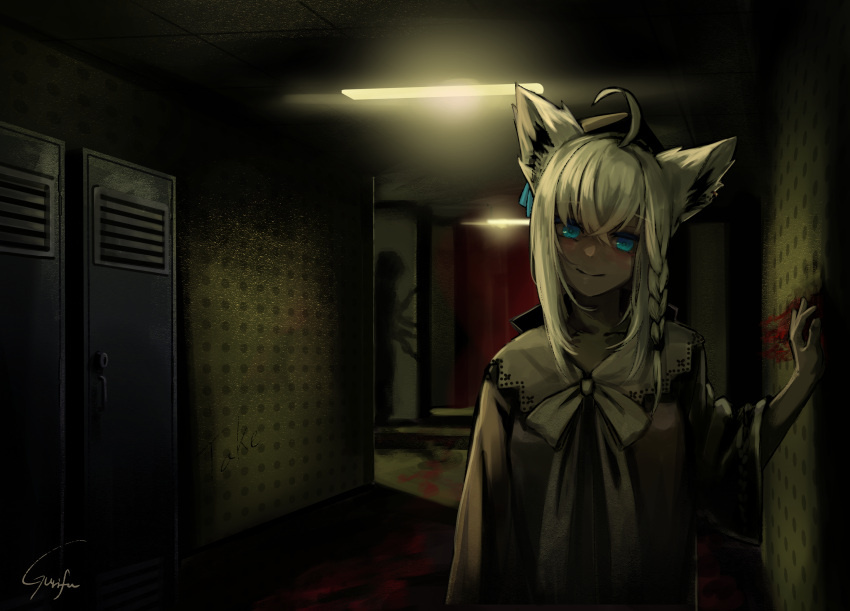 absurdres ahoge animal_ear_fluff animal_ears blood blue_eyes blush braid closed_mouth collared_shirt commentary english_commentary fox_ears gurifu hair_between_eyes hand_up highres hololive horror_(theme) indoors locker long_sleeves looking_at_viewer shadow shirakami_fubuki shirt signature single_braid smile upper_body virtual_youtuber white_hair white_shirt wide_sleeves