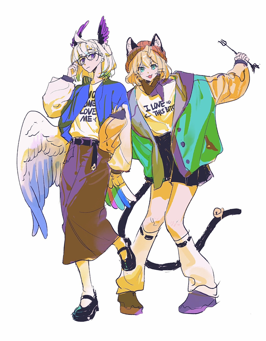 2girls :3 ahoge animal_ears beanie belt bird_girl bird_tail black_belt black_footwear black_skirt blonde_hair blue_hair blue_jacket blush cat_ears cat_girl cat_tail clothes_writing enna_alouette fork glasses green_eyes green_jacket hair_ornament hairclip hat head_wings highres jacket long_skirt looking_at_viewer loose_socks millie_parfait mockingbird0009 multicolored_hair multiple_girls neckerchief nijisanji nijisanji_en orange_headwear purple_eyes purple_footwear purple_neckerchief purple_skirt purple_wings shirt shirt_tucked_in skirt smile socks tail virtual_youtuber white_background white_shirt white_socks white_wings wings