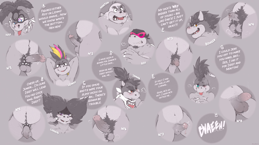 accessory anthro balls big_balls big_penis blush bowser bowser_jr. cock_ring dialogue embarrassed erection eyewear flaccid genitals glasses group hi_res hollo_nut iggy_koopa jewelry koopa koopaling larry_koopa lemmy_koopa ludwig_von_koopa male mario_bros morton_koopa_jr. nintendo nude penis penis_accessory penis_jewelry pubes riddle roy_koopa scalie small_penis