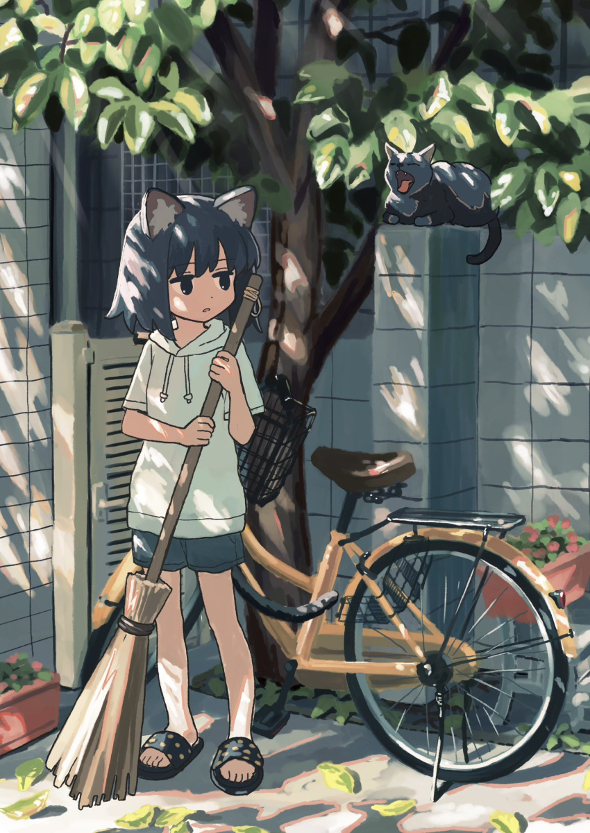 1girl animal_ear_fluff animal_ears bicycle black_eyes broom building cat cat_ears cat_girl cat_tail commentary day drawstring full_body grey_cat grey_hair grey_shorts highres holding holding_broom hood hood_down hoodie leaf looking_to_the_side medium_hair nerio_(neri_akira) original outdoors parted_lips polka_dot_footwear short_sleeves shorts slippers solo standing sweeping tail tree white_hoodie