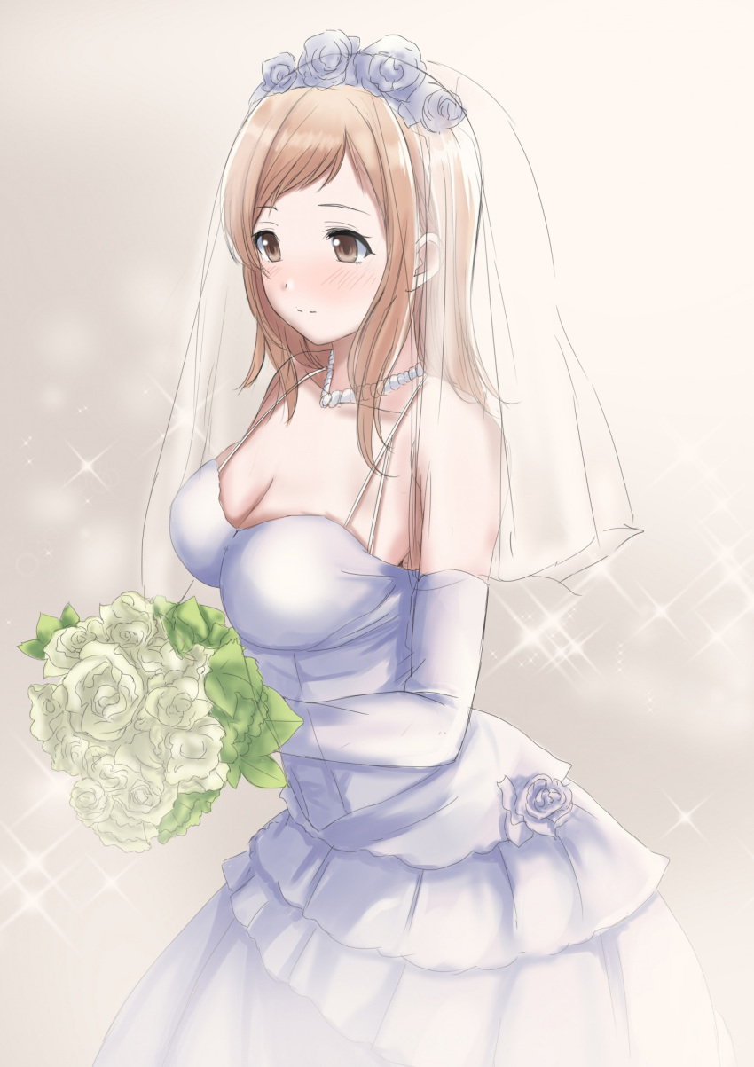 1girl blush bouquet breasts brown_eyes brown_hair cleavage collarbone dot_nose dress elbow_gloves flower gloves gradient_background hair_flower hair_ornament highres holding holding_bouquet idolmaster idolmaster_shiny_colors jewelry long_hair looking_at_another medium_breasts nakonako necklace rose sakuragi_mano simple_background smile solo standing veil wedding_dress white_background white_flower white_rose