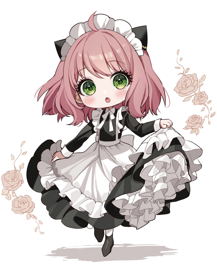 1girl ahoge alternate_costume anya_(spy_x_family) apron black_dress blush chibi dress enmaided female_child green_eyes hairpods highres kudou_(sikisiki0000) long_sleeves looking_at_viewer maid maid_apron medium_hair open_mouth pantyhose petticoat pink_hair skirt_hold solo spy_x_family waist_apron white_apron white_pantyhose