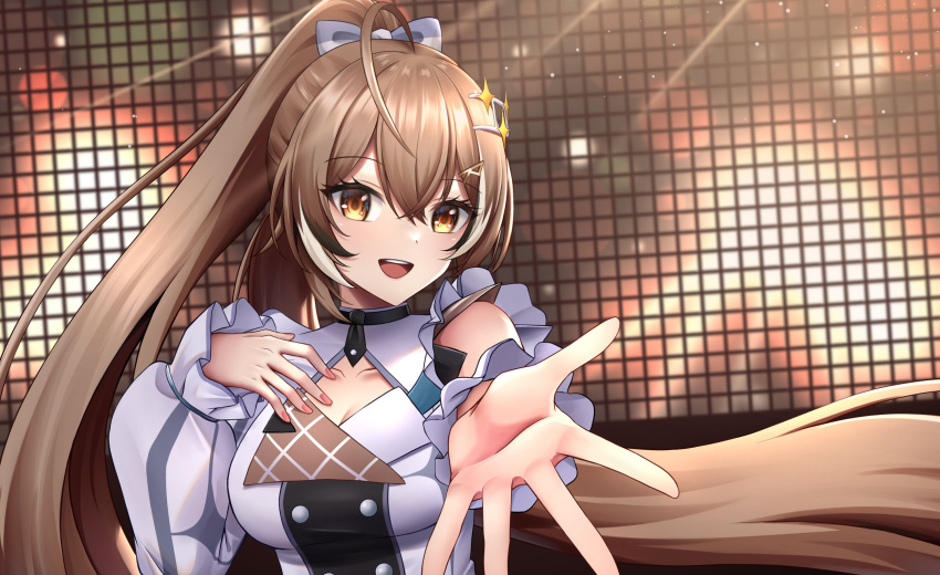 1girl :d ahoge asymmetrical_sleeves brown_eyes brown_hair buttons cleavage_cutout clothing_cutout crop_top double-breasted fingernails frilled_sleeves frills hair_ribbon hand_on_own_chest highres hololive hololive_english hololive_idol_uniform_(bright) light_rays long_hair looking_at_viewer multicolored_hair nail_polish nanashi_mumei outstretched_hand ponytail ribbon sei_joshikou smile stage streaked_hair teeth uneven_sleeves upper_teeth_only very_long_hair virtual_youtuber