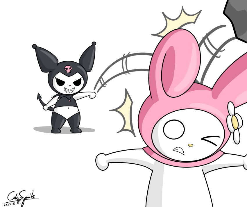 absurd_res animal_humanoid anthro cdrspark demon duo female female/female hi_res humanoid kuromi lagomorph lagomorph_humanoid leporid leporid_humanoid mammal mammal_humanoid my_melody onegai_my_melody rabbit rock sanrio throwing_object thrust_lines