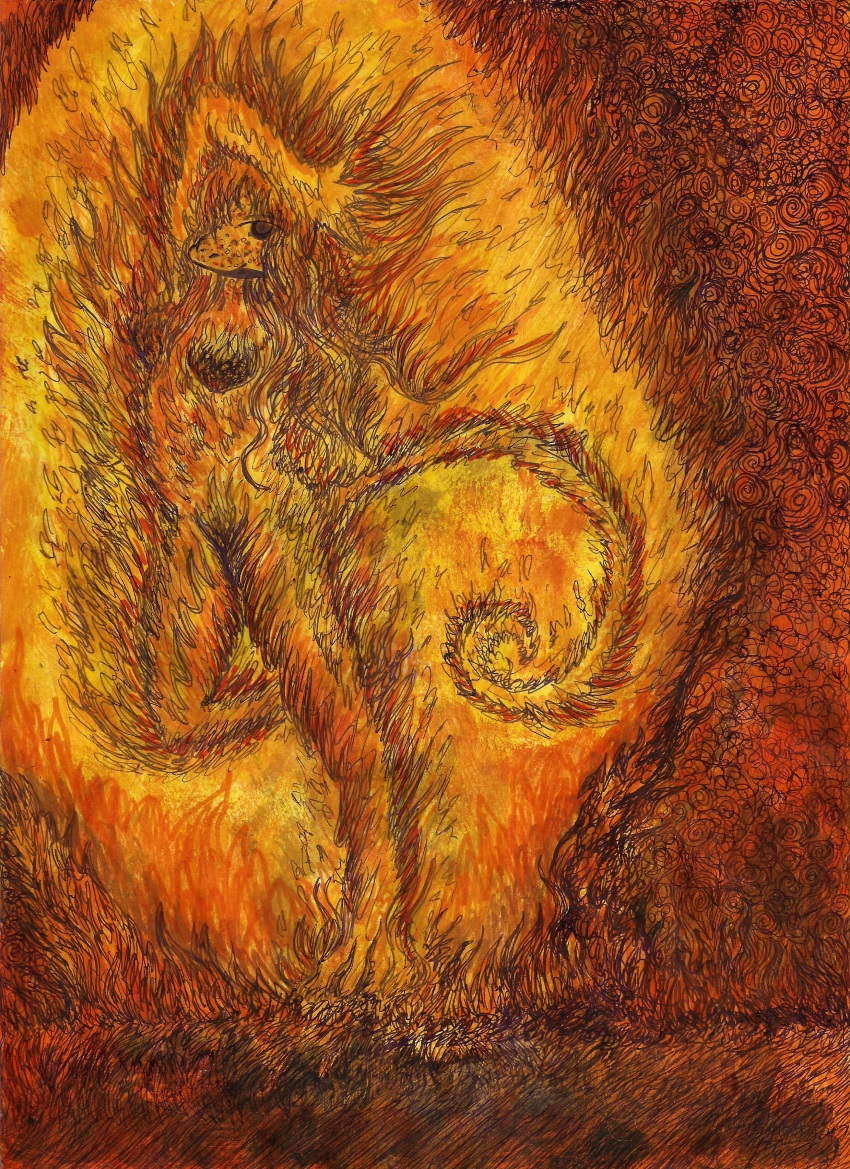 abstract_art abstract_background absurd_res alba anthro burmecian claws fan_character female final_fantasy final_fantasy_ix fire flaming_body flaming_hair flaming_tail freckles hi_res humanoid janet_k_wallace long_tail mammal muroid nude painting_(artwork) pose pseudo_hair rodent smile solo square_enix tail tasteful_nudity traditional_media_(artwork) watercolor_(artwork) young