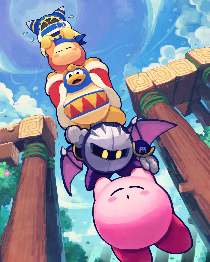 absurdres armor bandana bandana_waddle_dee bat_wings blue_sky blush_stickers closed_eyes cloud colored_skin creature flower gloves highres king_dedede kirby kirby's_return_to_dream_land kirby_(series) looking_down magolor mask meta_knight no_humans open_mouth pauldrons pink_flower pink_skin shoulder_armor signature sky star_(symbol) suyasuyabi sweat tree ufo_(kirby) wings yellow_eyes yellow_gloves