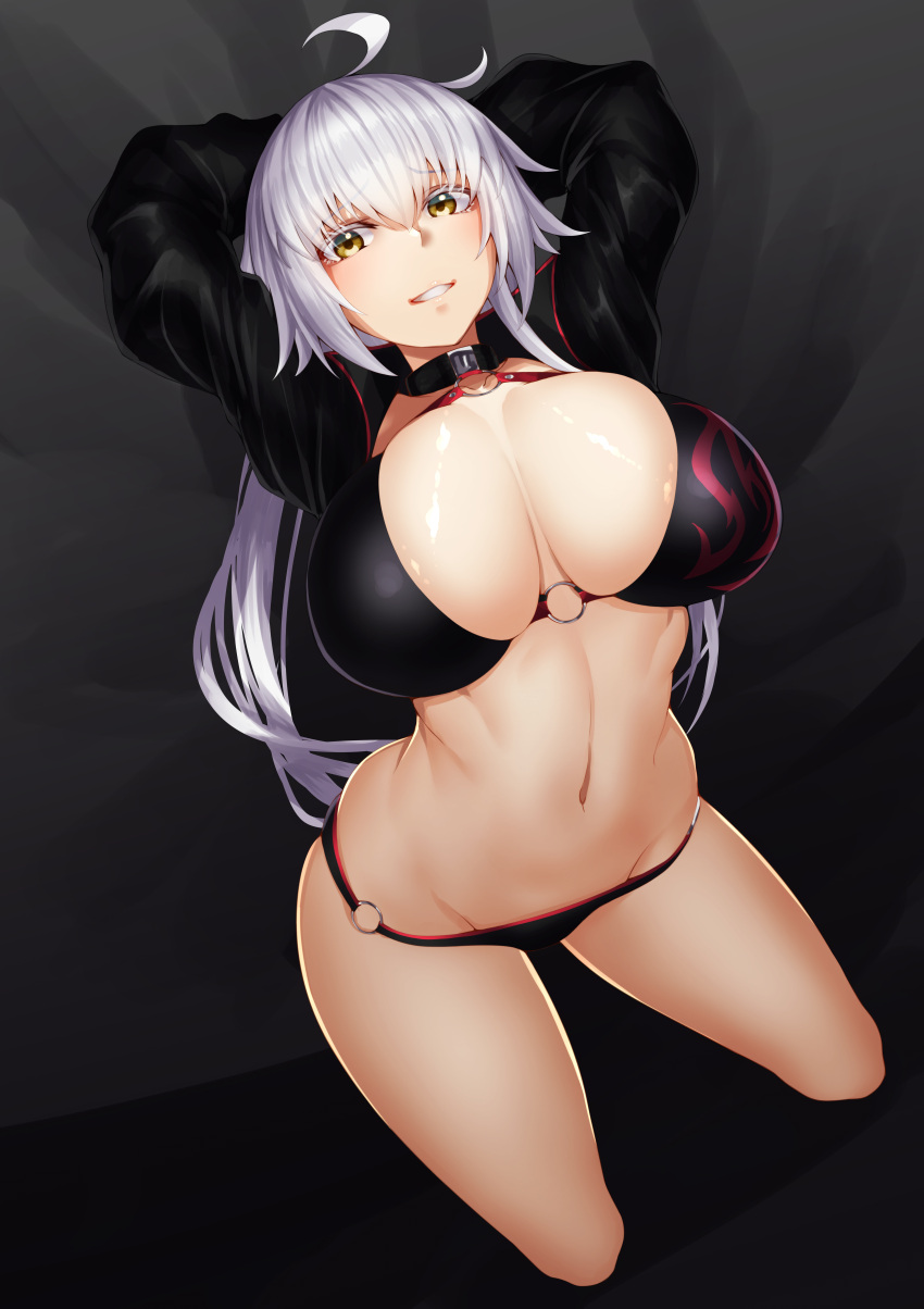 1girl absurdres ahoge arms_up bikini black_bikini black_jacket breasts choker cleavage collarbone cropped_jacket fate/grand_order fate_(series) grey_hair highres jacket jeanne_d'arc_alter_(fate) jeanne_d'arc_alter_(swimsuit_berserker)_(fate) large_breasts long_hair long_sleeves looking_at_viewer miso_tanuki navel shrug_(clothing) solo swimsuit thighs very_long_hair yellow_eyes
