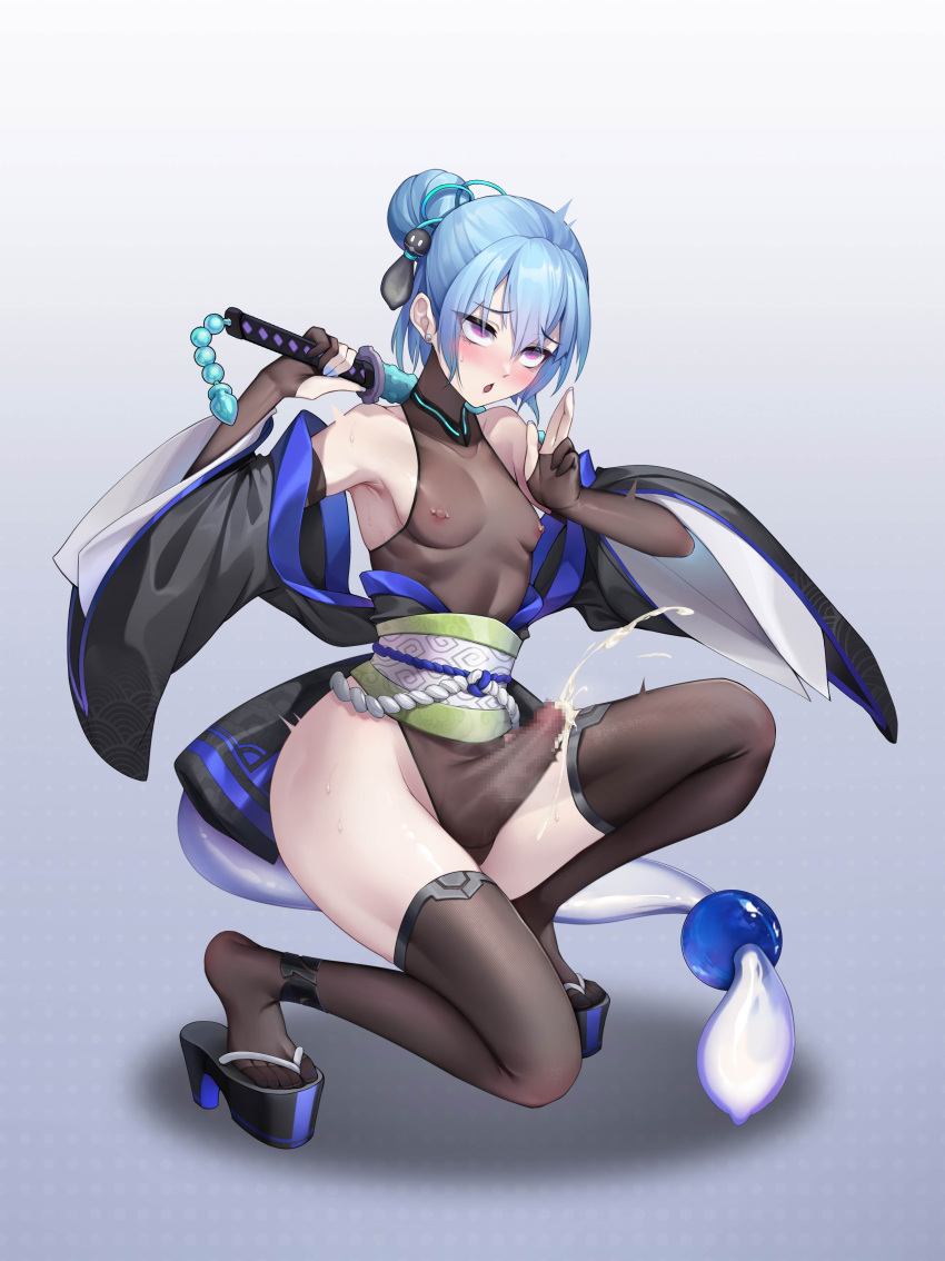 1boy absurdres ahegao arknights black_gloves black_thighhighs blue_hair blue_nails blush bulge censored ejaculation_under_clothes elbow_gloves empty_eyes erection erection_under_clothes gins gloves hair_bun high_heels highres holding holding_weapon japanese_clothes kimono leotard male_focus mizuki_(arknights) mosaic_censoring nipple_piercing nipples open_mouth otoko_no_ko penis piercing purple_eyes sandals sash see-through single_hair_bun solo squatting thighhighs tiptoes weapon