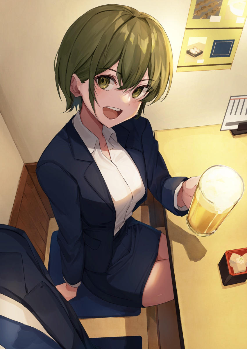 1boy 1girl beer_mug blue_jacket blue_necktie blue_skirt cup formal green_eyes green_hair highres holding holding_cup izakaya jacket mug nasubin_(nasubisamurai15) necktie office_lady open_mouth original pencil_skirt pov shirt short_hair sitting skirt smile white_shirt