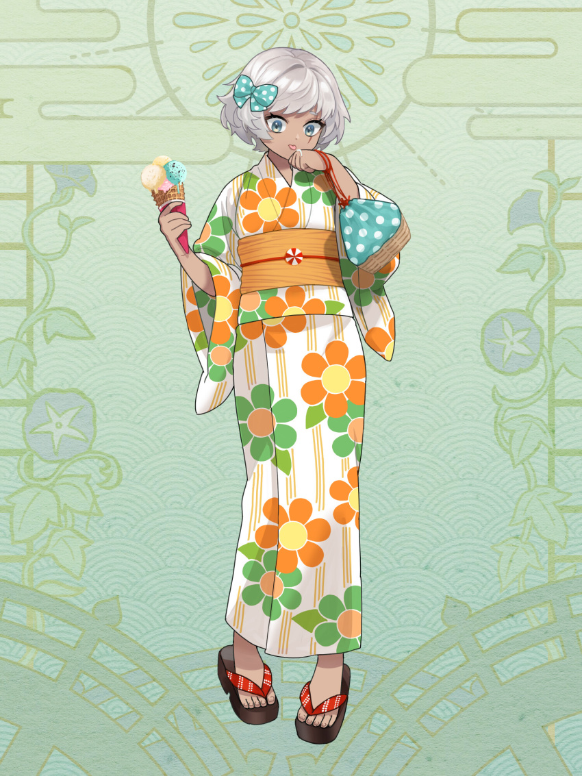 barretta_kanon bow dairoku_ryouhei floral_print food full_body green_background green_eyes grey_hair hair_bow highres holding holding_food ice_cream_cone japanese_clothes kimono kinchaku licking licking_hand obi polka_dot polka_dot_bow pouch print_kimono sandals sash scar scar_across_eye seohatchi short_hair standing tongue tongue_out wide_sleeves