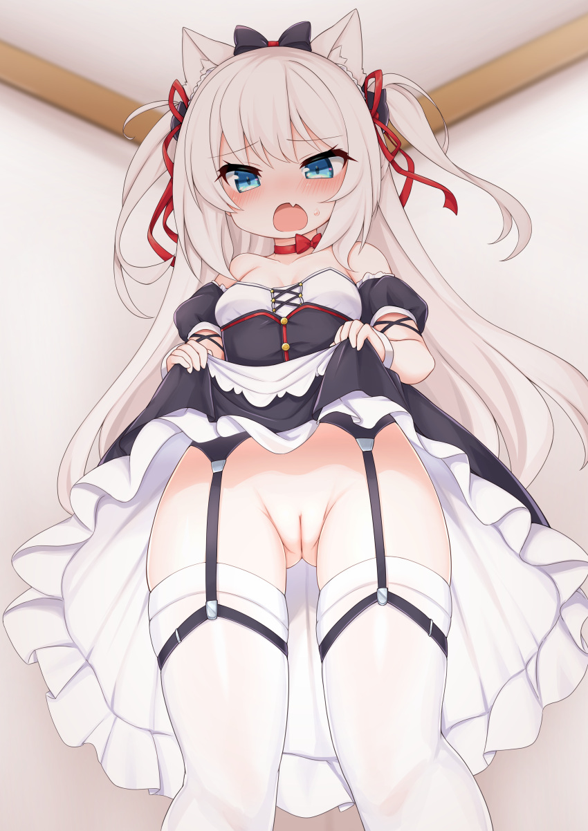 1girl absurdres animal_ears ass_visible_through_thighs azur_lane bare_shoulders black_bow black_dress blue_eyes blush bow bow_choker breasts cat_ears cat_hair_ornament choker cleft_of_venus clothes_lift collarbone commentary detached_sleeves dress dress_lift fake_animal_ears fang feet_out_of_frame frilled_dress frills from_below garter_belt hair_bow hair_ornament hair_ribbon hammann_(azur_lane) highres kinomiki_nobori lifted_by_self long_hair no_panties open_mouth pussy red_bow red_choker red_ribbon ribbon short_sleeves skin_fang small_breasts strapless strapless_dress sweat thighhighs two_side_up uncensored white_hair white_thighhighs
