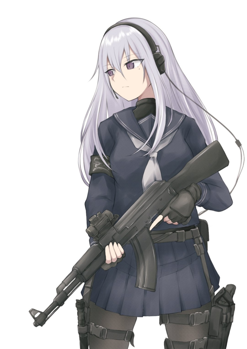 1girl ak-12 black_gloves black_pantyhose black_serafuku black_shirt black_skirt closed_mouth fingerless_gloves gloves grey_hair grey_neckerchief gun handgun headphones highres holding holding_gun holding_weapon holster holstered kalashnikov_rifle long_sleeves mole mole_under_eye neckerchief original pantyhose purple_eyes school_uniform serafuku shirt shsuta_0013 simple_background skirt solo thigh_holster weapon white_background