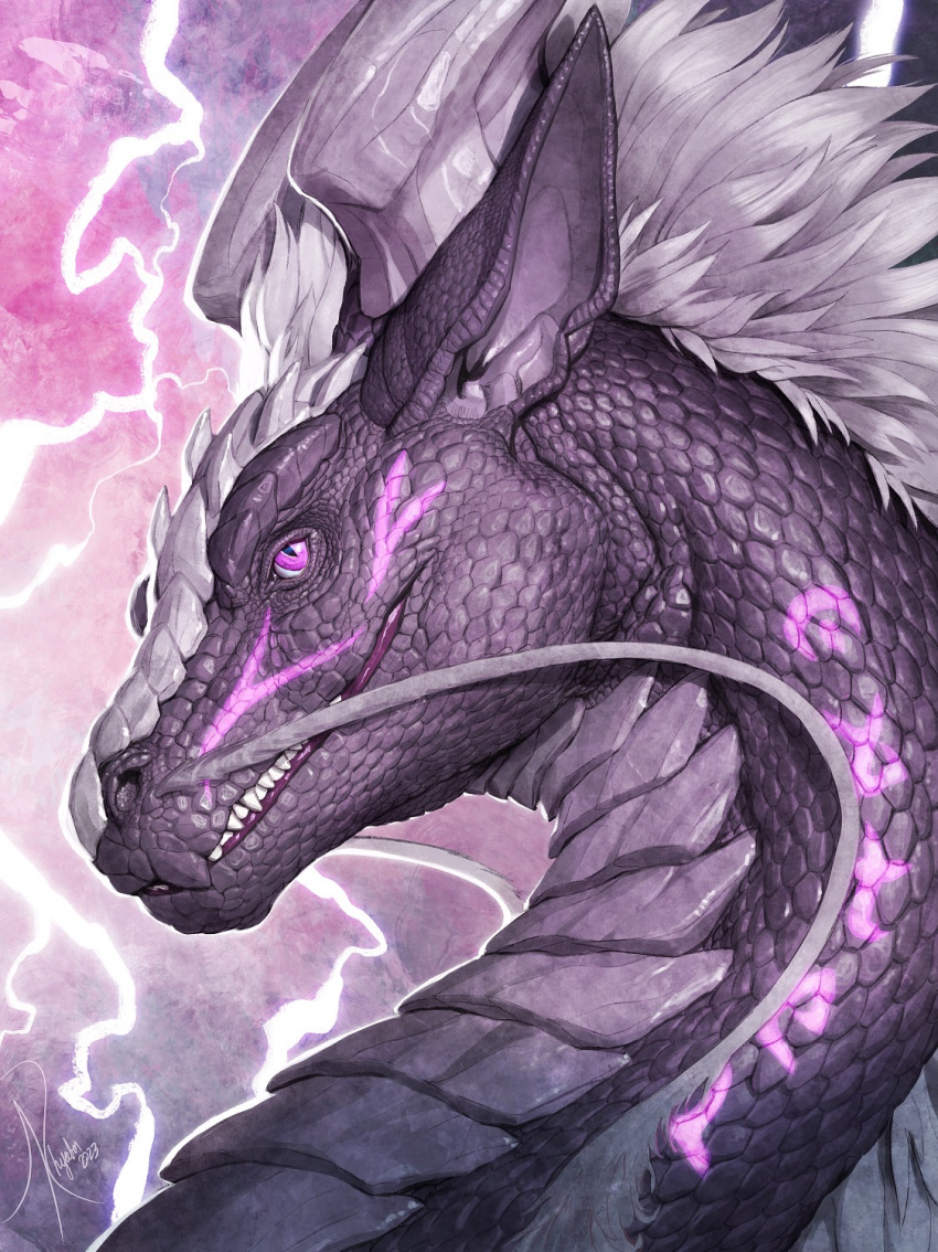 2023 ambiguous_gender dated detailed dragon electricity feral glistening glistening_eyes grey_body grey_horn grey_scales hi_res horn khyaber lightning looking_at_viewer markings pink_eyes pink_markings pupils purple_body purple_scales scales scalie side_view signature slit_pupils solo teeth
