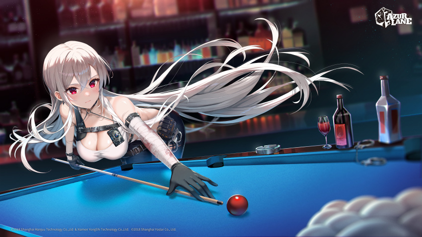 1girl absurdres alcohol azur_lane ball bandaged_arm bandages bare_shoulders belt bent_over billiard_ball billiards black_choker black_gloves black_pants breasts chest_harness choker cleavage closed_mouth crop_top cue_stick cup drinking_glass expressionless floating_hair gloves harness highres large_breasts long_hair looking_at_viewer midriff mole mole_under_eye official_alternate_costume official_art outstretched_arm pants red_eyes satchely shirt sleeveless sleeveless_shirt solo sovetskaya_rossiya_(azur_lane) sovetskaya_rossiya_(the_lackadaisical_lookout)_(azur_lane) standing tank_top very_long_hair white_hair white_shirt wine_glass