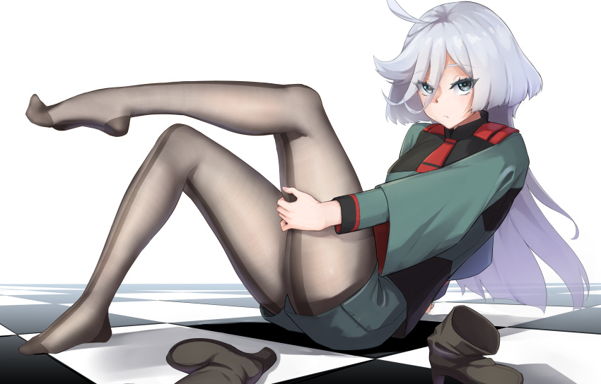 1girl absurdres ahoge asticassia_school_uniform back-seamed_legwear blue_eyes boots brown_footwear checkered_floor feet front-seamed_legwear grabbing_own_thigh green_jacket green_shorts grey_eyes grey_hair gundam gundam_suisei_no_majo hair_between_eyes high_heel_boots high_heels highres jacket legs light_frown long_hair long_sleeves looking_at_viewer miorine_rembran no_shoes pantyhose sanso_(oxygen) school_uniform seamed_legwear shorts shoulder_boards soles solo toes unworn_boots white_background