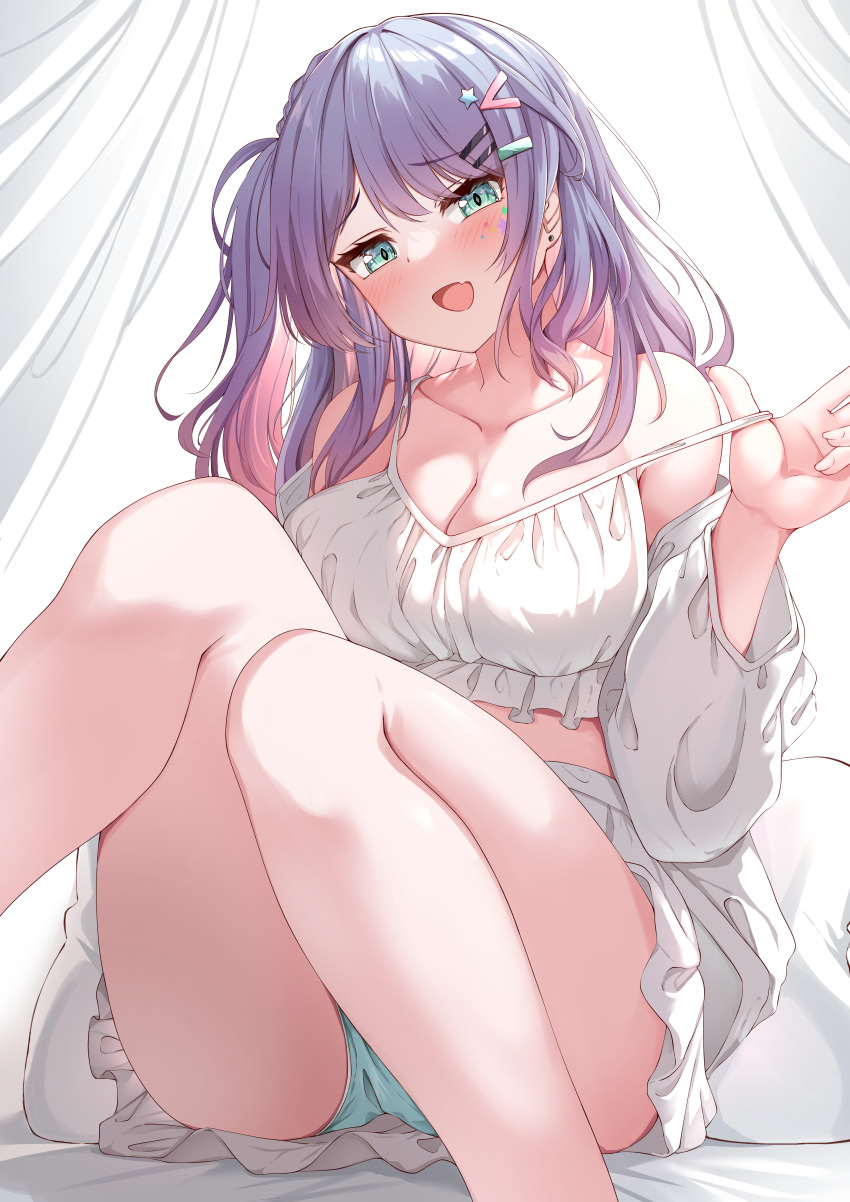 1girl :d :q absurdres blue_eyes blue_panties blush breasts cleavage commentary_request commission curtains fang feet_out_of_frame hair_ornament hairclip hand_up head_tilt highres indie_virtual_youtuber jacket knees_together_feet_apart knees_up long_hair long_sleeves looking_at_viewer medium_breasts moyoron multicolored_hair off_shoulder one_side_up open_clothes open_jacket panties pink_hair pleated_skirt puffy_long_sleeves puffy_sleeves pulled_by_self purple_hair sata_nakia simple_background skeb_commission skirt smile solo strap_pull tongue tongue_out two-tone_hair underwear very_long_hair virtual_youtuber white_background white_jacket white_skirt