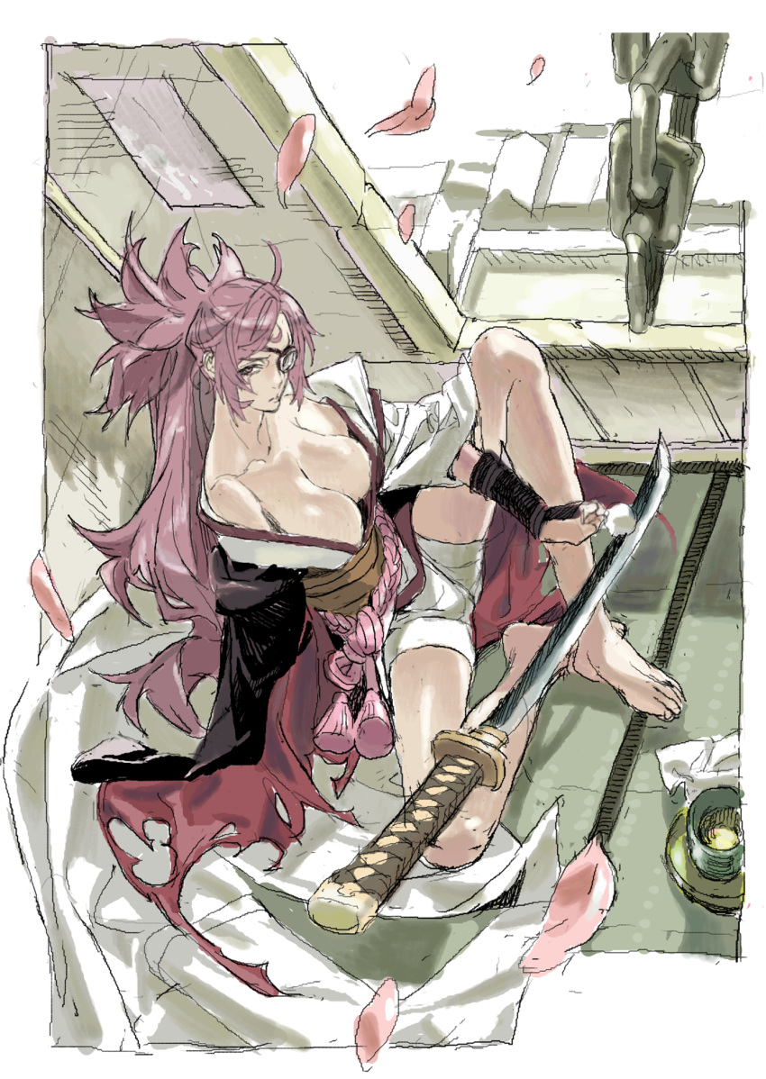 1girl amputee baiken big_hair breasts chain cleavage eyepatch facial_tattoo guilty_gear highres japanese_clothes katana kimono large_breasts long_hair multicolored_clothes multicolored_kimono nobita_(makoto7060355) one-eyed open_clothes open_kimono pink_hair red_eyes samurai sash scar scar_across_eye scar_on_face solo sword tattoo weapon
