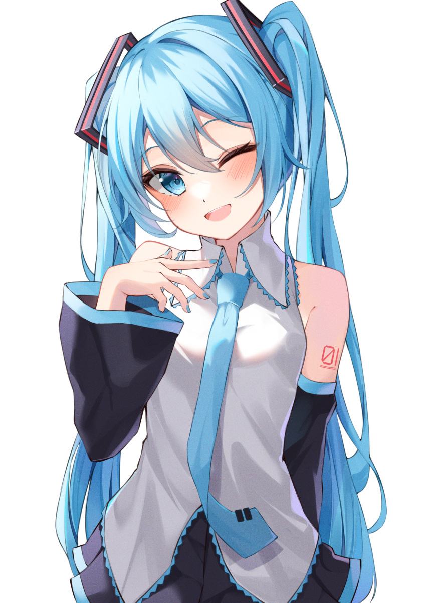 1girl :d ;d absurdres aqua_eyes aqua_hair aqua_nails aqua_necktie arm_at_side arm_tattoo bare_shoulders black_skirt black_sleeves blush collared_shirt commentary cowboy_shot detached_sleeves film_grain grey_shirt hair_between_eyes hair_ornament hand_up hatsune_miku head_tilt highres long_hair looking_at_viewer necktie number_tattoo one_eye_closed open_hand open_mouth pleated_skirt ryaru_ryaru shirt sidelocks simple_background skirt sleeveless sleeveless_shirt sleeves_past_elbows smile solo standing tattoo teeth twintails upper_teeth_only very_long_hair vocaloid white_background wide_sleeves wing_collar