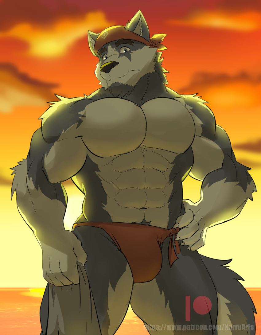 abs anthro bandanna biceps bulge canid canine canis clothed clothing domestic_dog fur hi_res husky kemo_coliseum kerchief lofnirv looking_at_viewer male mammal muscular muscular_anthro muscular_male nordic_sled_dog pecs solo spitz tail topless underwear underwear_only volga white_body white_fur