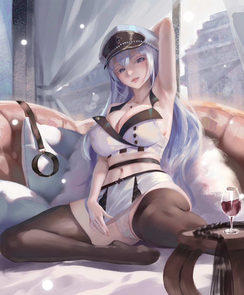 1girl absurdres akame_ga_kill! arm_behind_head armpits blue_eyes blue_hair breasts chest_tattoo cityscape commentary_request cuffs cup drinking_glass esdeath halterneck hat highres indoors large_breasts long_hair mature_female military_hat military_uniform miniskirt navel nekobell on_bed panties peaked_cap reclining shackles skirt tattoo thighhighs thighs underwear uniform very_long_hair whip white_panties window wine_glass