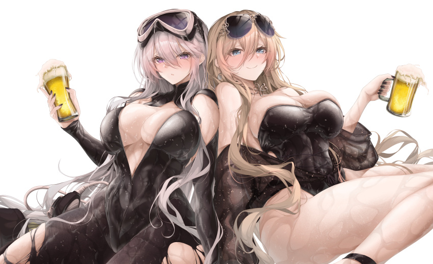 2girls absurdres alcohol armpit_cutout azur_lane beer bismarck_(azur_lane) bismarck_zwei_(azur_lane) bismarck_zwei_(crystal-clear_holiday)_(azur_lane) black_wetsuit blonde_hair blue_eyes bodysuit breasts casual_one-piece_swimsuit clothing_cutout cup diving_mask diving_suit enterprise_(azur_lane) enterprise_(diving_under_blue_skies)_(azur_lane) goggles goggles_on_head grey_hair highres holding holding_cup large_breasts long_hair multiple_girls one-piece_swimsuit open_wetsuit pantyhose pantyhose_under_swimsuit purple_eyes ru_251 scuba_gear semi-circular_eyewear strapless strapless_one-piece_swimsuit strapless_swimsuit swim_goggles swimsuit torn_clothes torn_pantyhose wetsuit white_background