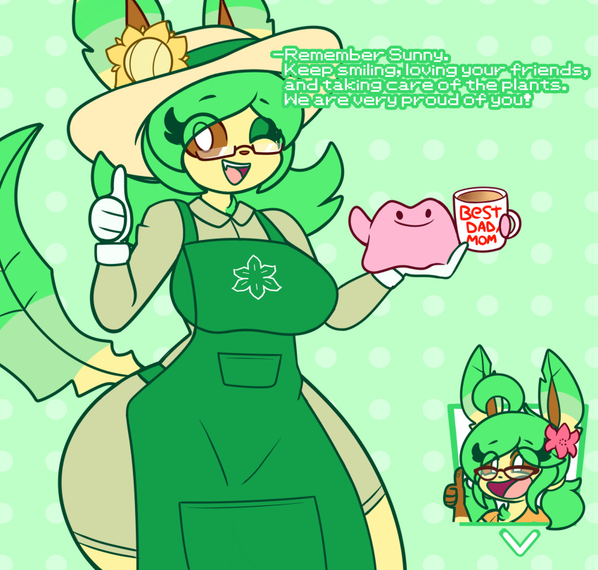 2023 anthro breasts brown_sclera clothed clothing coffee_cup container cup daughter ditto_(pokemon) eeveelution english_text eyewear female flower fur gardener generation_1_pokemon generation_4_pokemon gesture glasses gloves gracidea_flower green_hair hair handwear hat headgear headwear hi_res holidays leafeon mature_female mintyspirit mother mother's_day mother_and_child mother_and_daughter nintendo open_mouth parent parent_and_child parent_and_daughter plant pokemon pokemon_(species) smile sun_flower sun_hat sunny's_mother_(mintyspirit) sunnyleafeon_(mintyspirit) text thick_thighs thumbs_up white_eyes wide_hips yellow_body yellow_fur