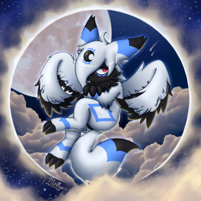 absol anthro cloudscape eeveelution fur generation_2_pokemon generation_3_pokemon hi_res hybrid male mellyespeon moon night nintendo pokemon pokemon_(species) red_eyes shooting_star sky solo umbreon white_body white_fur wings