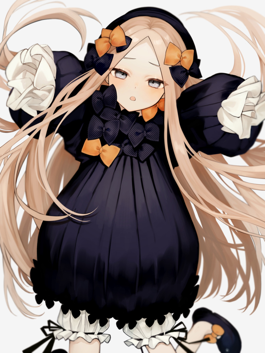 1girl abigail_williams_(fate) black_bow black_dress black_headwear blonde_hair bloomers blue_eyes blush bow breasts dress fate/grand_order fate_(series) forehead hair_bow hat highres long_hair long_sleeves looking_at_viewer multiple_hair_bows open_mouth orange_bow parted_bangs ribbed_dress sleeves_past_fingers sleeves_past_wrists small_breasts solo sumi_(gfgf_045) underwear variant_set white_bloomers