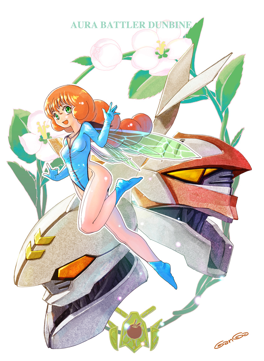 1girl artist_name billbine blue_leotard blue_socks cham_fau collarbone commentary_request copyright_name dunbine english_text fairy fairy_wings flower ganga_(ganga_lub) green_eyes green_wings hands_up happy highres leg_up leotard long_hair long_sleeves mecha open_mouth orange_eyes orange_hair outline pantyhose robot seisenshi_dunbine sidelocks signature smile socks solo_focus white_background white_flower white_outline white_pantyhose wings yellow_eyes