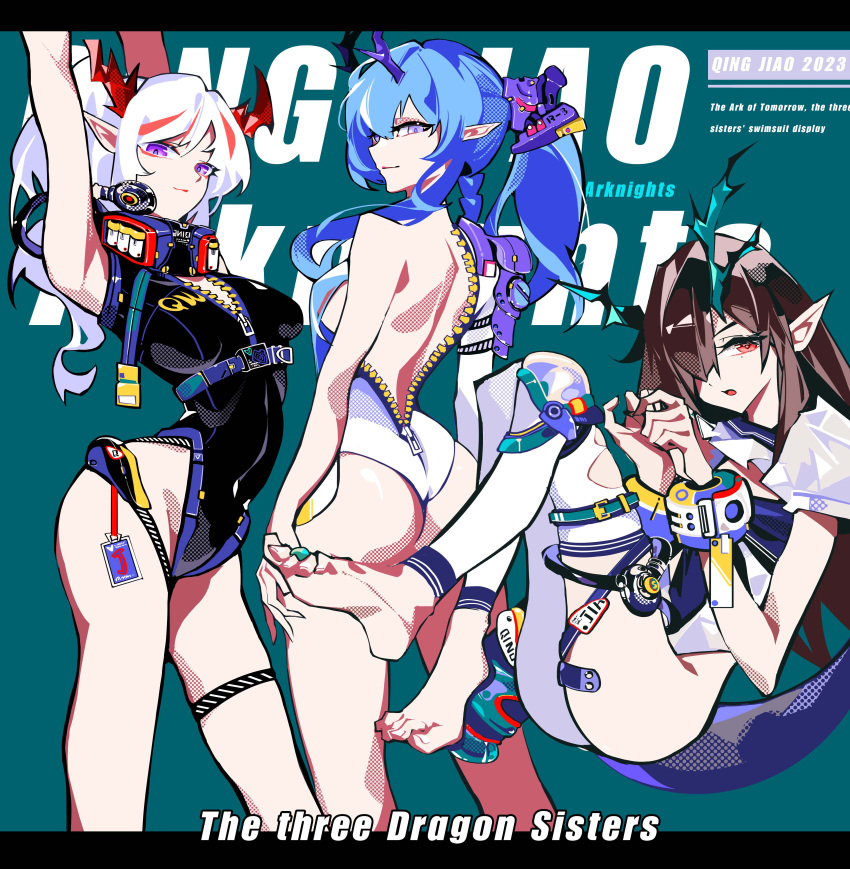 3girls absurdres arknights barefoot black_one-piece_swimsuit bodysuit bracelet diving_regulator dragon_horns dragon_tail dusk_(arknights) feet highres horns jewelry ling_(arknights) multiple_girls nian_(arknights) one-piece_swimsuit qingjiaokuaigengxin scuba scuba_gear swimsuit tail thighhighs toe_ring toes torn_clothes torn_thighhighs white_one-piece_swimsuit zipper