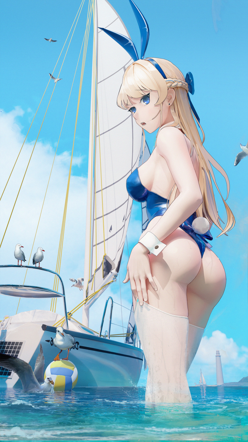 1girl absurdres animal_ears aqua_bow aqua_bowtie ass bare_shoulders beach bird blonde_hair blue_archive blue_eyes blue_hairband blue_leotard blue_sky blush boat bow bowtie breasts cloud commentary_request day dcgoss detached_collar earpiece fake_animal_ears fake_tail from_behind gloves hairband halo highleg highleg_leotard highres large_breasts leotard lighthouse long_hair looking_at_viewer looking_back ocean official_alternate_costume one-piece_swimsuit outdoors playboy_bunny rabbit_ears rabbit_tail ribbon sail seagull ship sky standing strapless strapless_leotard swimsuit tail thighhighs thighhighs_pull thighs thong toki_(blue_archive) toki_(bunny)_(blue_archive) very_long_hair volleyball wading water watercraft wet white_thighhighs wrist_cuffs