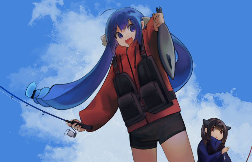 2girls ahoge alternate_costume animal black_shorts blade blue_eyes blue_hair blue_jacket blue_sky blunt_bangs brown_hair cloud commentary_request cowboy_shot day dutch_angle fang fish fishing fishing_line fishing_rod hair_ribbon hakumai_(vnbnvnn) headgear high_collar highres holding holding_animal holding_fish holding_fishing_rod jacket life_vest long_hair long_sleeves looking_at_another looking_at_viewer low_twintails multiple_girls open_mouth otomachi_una outdoors parka red_eyes red_jacket ribbon short_shorts shorts skin_fang sky smile touhoku_kiritan twintails very_long_hair vocaloid voiceroid white_ribbon