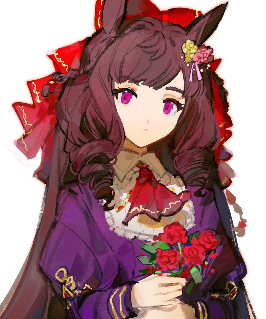 1girl absurdres animal_ears ascot bow brown_hair closed_mouth daiichi_ruby_(umamusume) dress drill_hair expressionless flower hair_bow hair_ornament highres hikawayunn holding holding_flower horse_ears juliet_sleeves long_hair long_sleeves looking_at_viewer puffy_sleeves purple_dress purple_eyes red_ascot rose solo umamusume upper_body