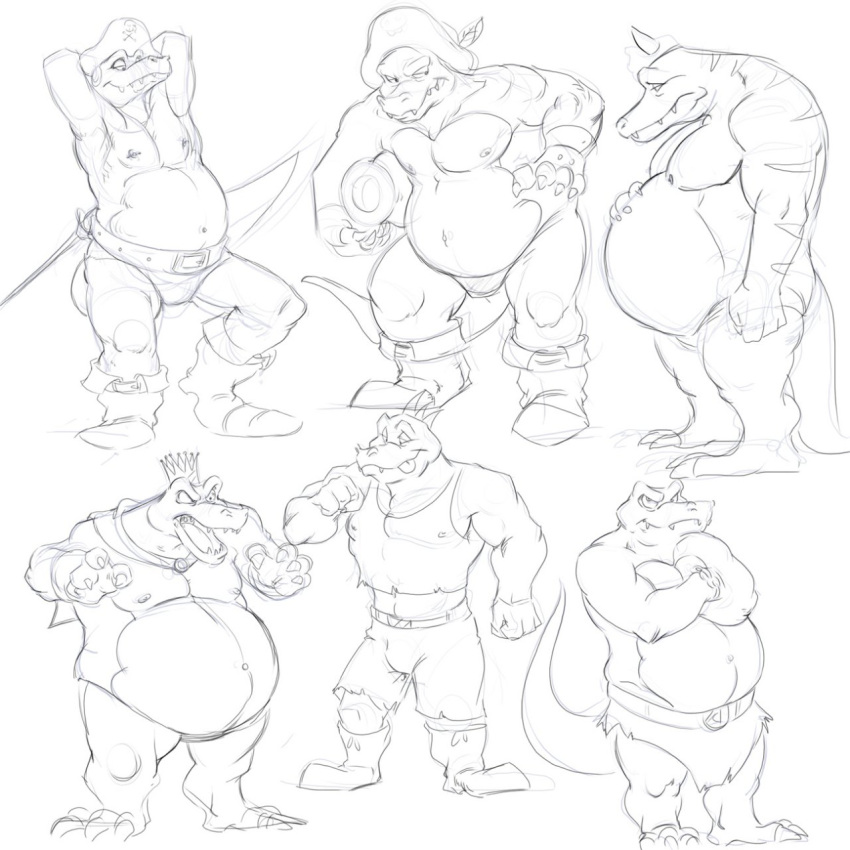 2013 anthro belly belt big_belly bottomwear canson cape claws clothed clothing crocodilian crossed_arms crown donkey_kong_(series) donkey_kong_64 fangs group hand_on_stomach headgear hi_res k_lumsy king_k._rool kludge kremling krusha loincloth male melee_weapon mostly_nude mouth_closed navel nintendo nipple_piercing nipples open_mouth piercing pirate_hat reptile scales scalie shirt shorts side_view sketch skull_helmet standing sword tank_top teeth thong toe_claws topwear underwear weapon